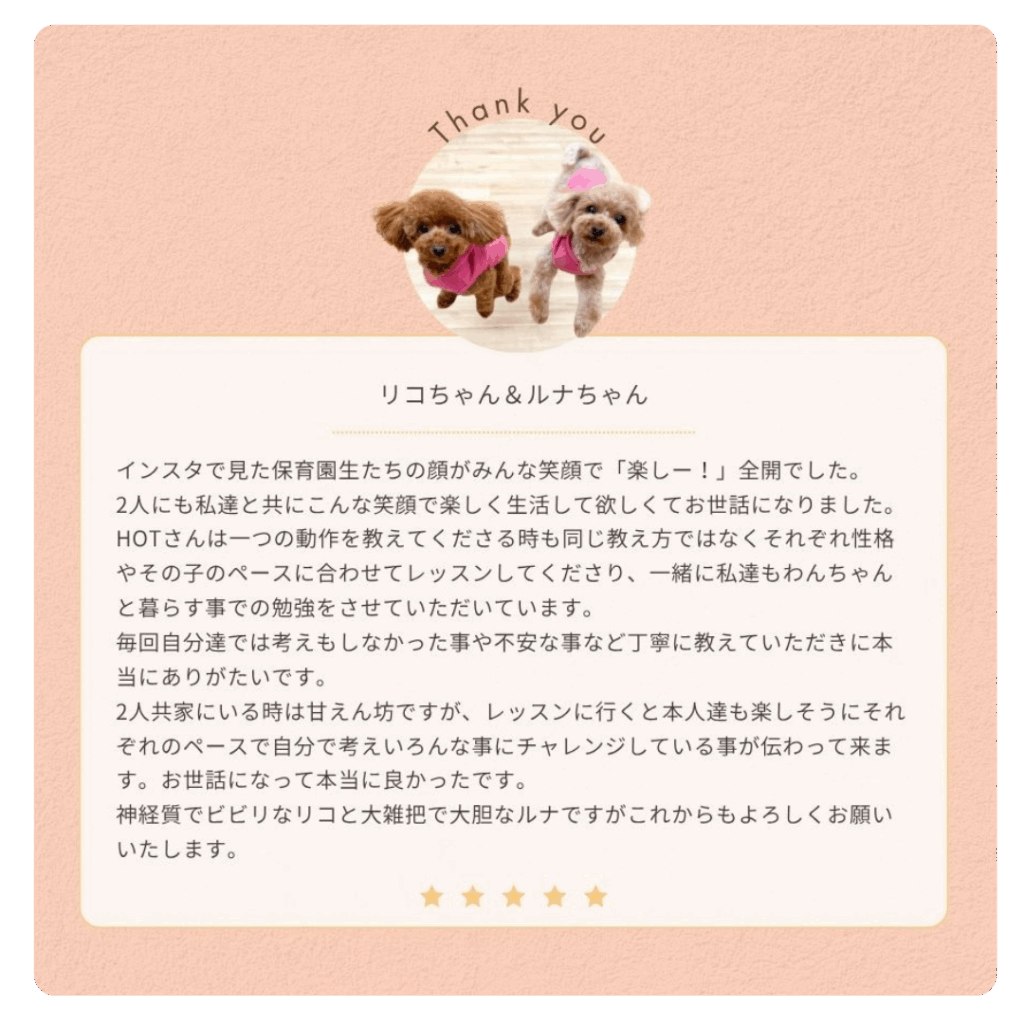 個別レッスン,口コミ,お声,感想,評判,インスタで見た保育園生たちの顔がみんな笑顔で「楽しー!」全開でした。
2人にも私達と共にこんな笑顔で楽しく生活して欲しくてお世話になりました。
HOTさんは一つの動作を教えてくださる時も同じ教え方ではなくそれぞれ性格やその子のペースに合わせてレッスンしてくださり、一緒に私達もわんちゃんと暮らす事での勉強をさせていただいています。
毎回自分達では考えもしなかった事や不安な事など丁寧に教えていただきに本当にありがたいです。
2人共家にいる時は甘えん坊ですが、レッスンに行くと本人達も楽しそうにそれぞれのペースで自分で考えいろんな事にチャレンジしている事が伝わって来ます。お世話になって本当に良かったです。
神経質でビビリなリコと大雑把で大胆なルナですがこれからもよろしくお願いいたします。